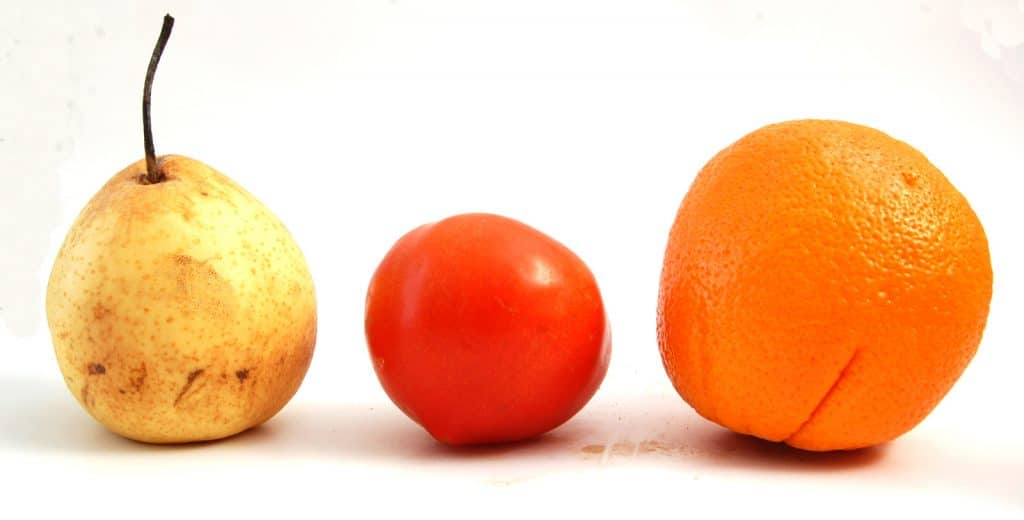 pomidor, gruszka i pomarańcza